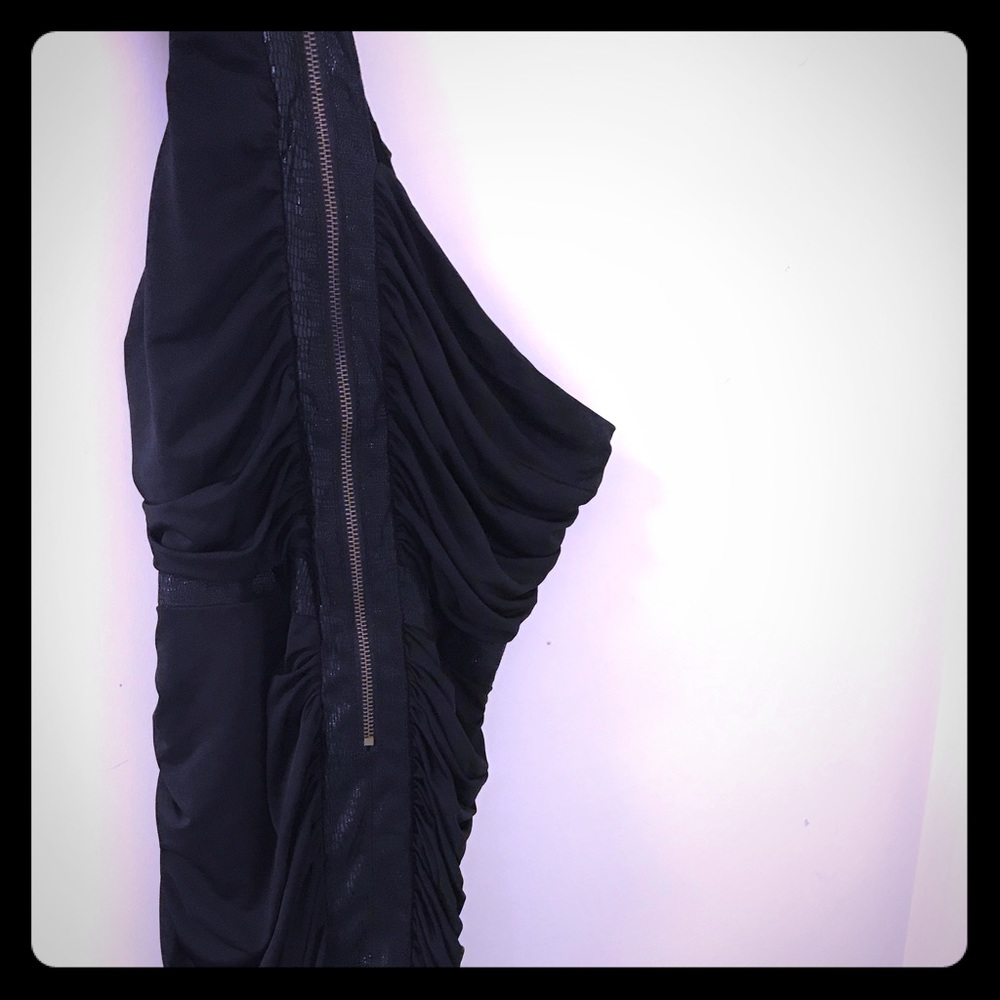 One shoulder, black & leather mini dress